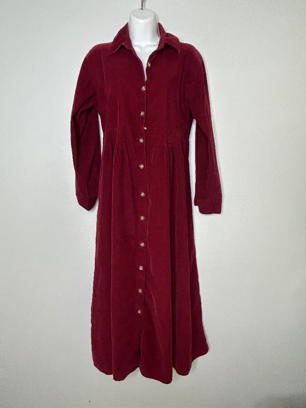 Vintage 90s FADS Red Burgundy Corduroy Modest Shirt Dress Western Cottage
